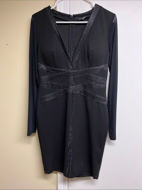 Elegant Black Long Sheer Sleeve V-Neck Dress with Shimmer Waist Detail Worn Once